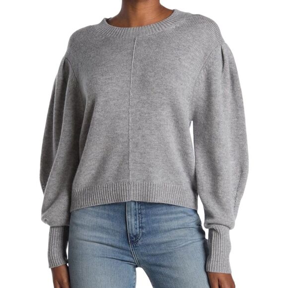 Something Navy Gray Minnie Puff Bishop Sleeve Cashmere Wool Sweater Size Small - Picture 3 of 13